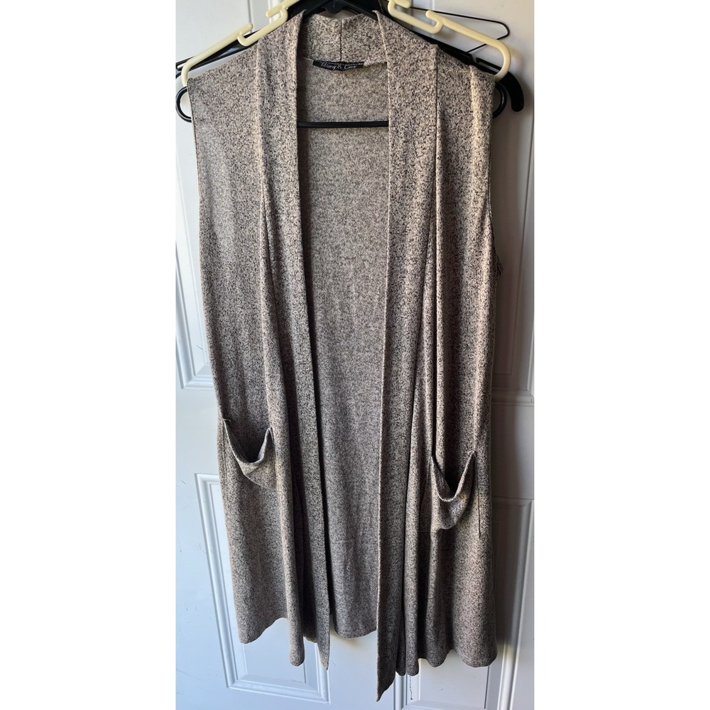 Tiffany & Grey Large Long Duster Vest Marled Knit Open Front Sleeveless Pockets - Picture 2 of 7